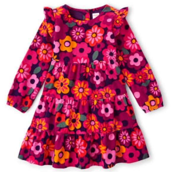 NWT Girls Long Sleeve Floral Corduroy Tiered Dress